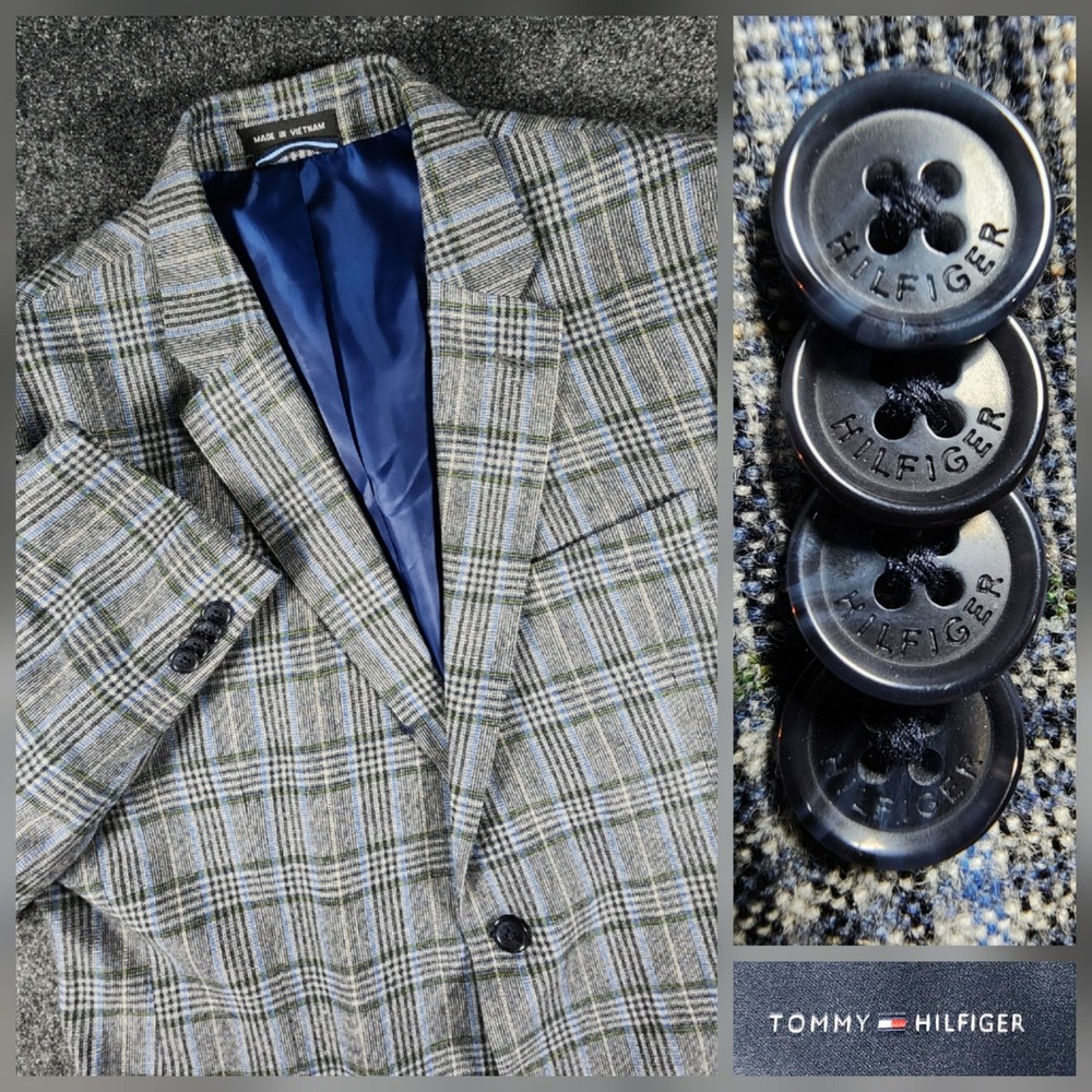 Tommy Hilfiger Blazer Mens 42R Grey Blue Plaid Wool Blend Sport Coat